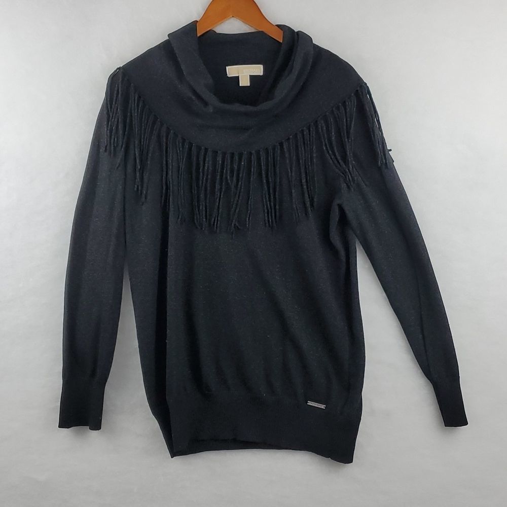 MIchael Kors Shimmering Black Cowl Neck Sweater Fringes Size Large EUC
